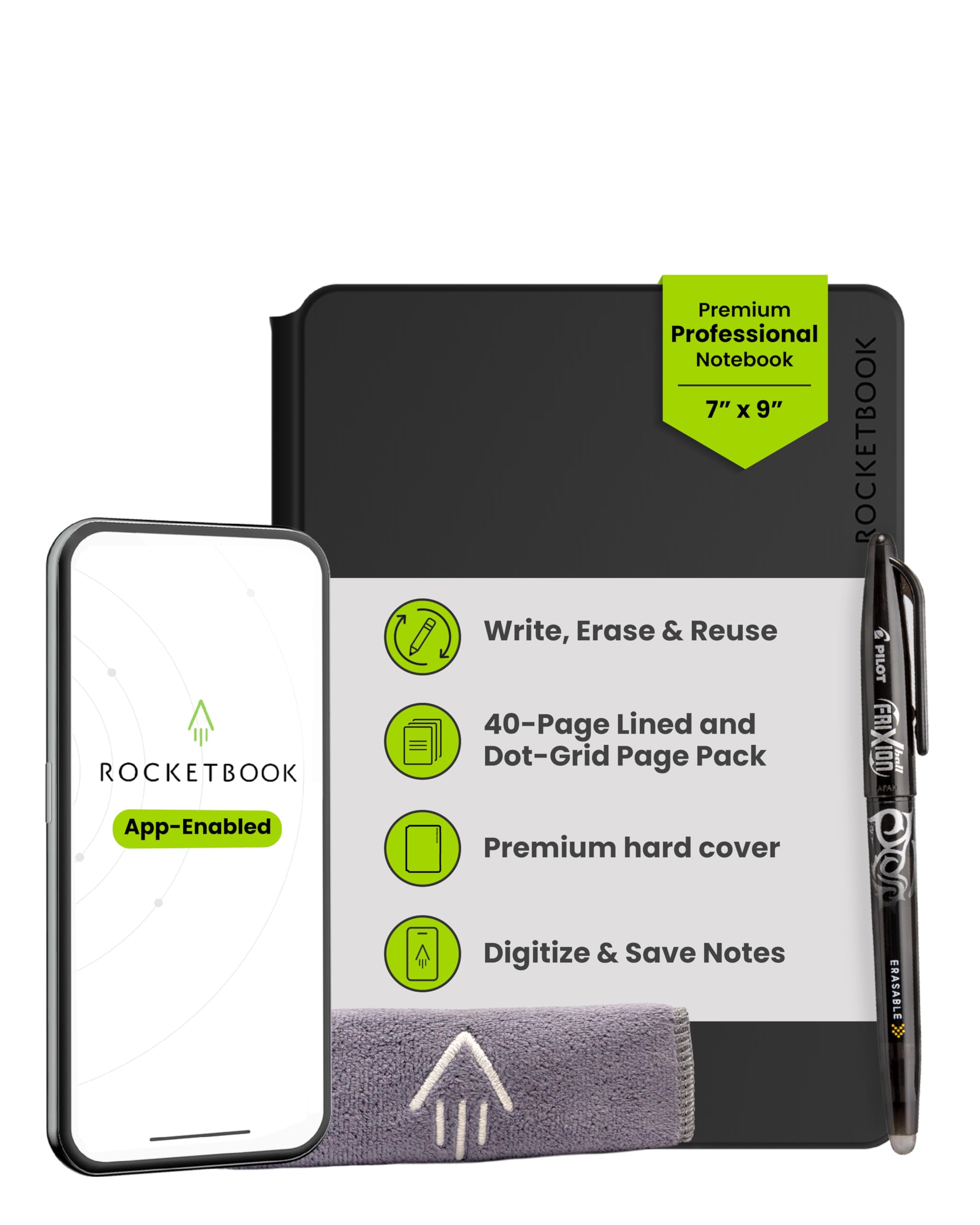 Rocketbook Pro 2.0 Reusable Digital Notebook - Smart Notepad - Black, with 20 Dotted & Lined Pages, Hardcover, with Pilot Frixion Pen & Microfiber Cloth, A5 Executive Size 7" x 9" - Office Gadget