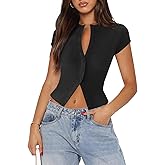 Pungdra Women's Button Down Shirt Cap Sleeve Tops for Women Button Up Ribbed Knit Slim Fit Casual Y2K Crop Going Out Top