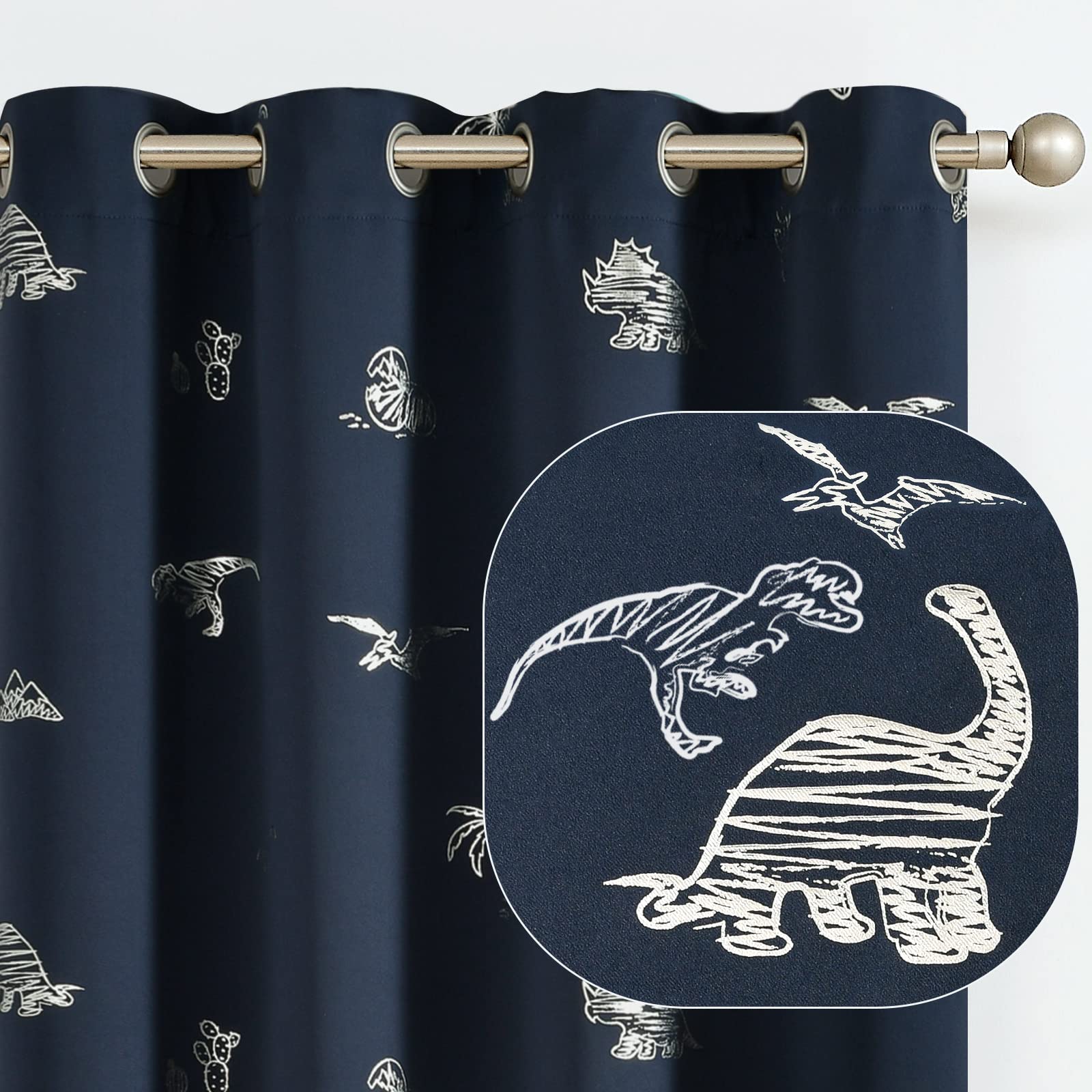 Vangao Navy Blue Blackout Curtains Dinosaur Curtains for Boys Kids Nursery Girls Room Silver Dino Foil Print Thermal Insulated Grommet Top Window Drapes 63 Inches Length 2 Panels