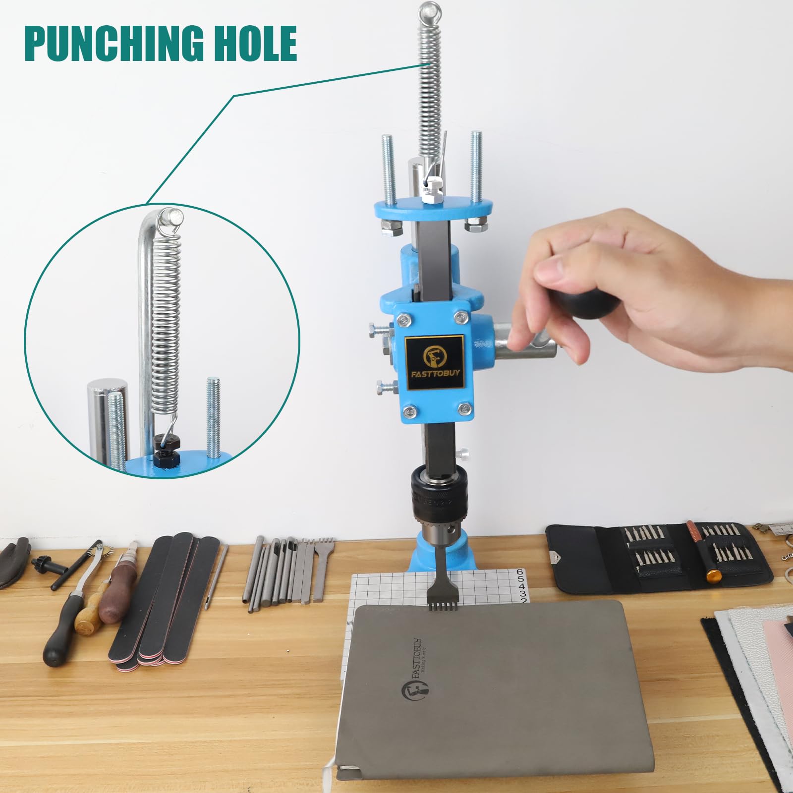 FASTTOBUY Leather Hole Puncher Hand Punching Machine Manual Press Puncher Punch Tools for DIY Leather Craft Punching Holes and Forming Pressing(with Chuck, PP Plate,Aluminum Plate)