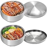 Aynaxcol Stainless Steel Rice Bowl with Lid, Set of 2, for Korean Kitchen Restaurant, Double-walled Metal Bowls, Multi-Purpose Insulated Soup Bowls Snacks Bowls (13cm Silver)