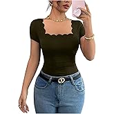 SOLY HUX Women's Square Neck Short Sleeve T Shirt Scallop Ruched Slim Fitted Tee Dressy Summer Tops