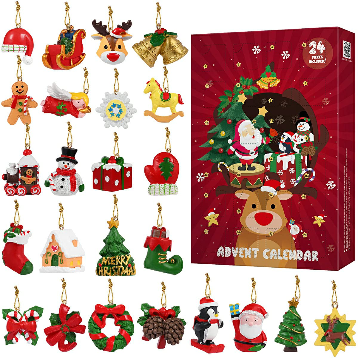 NUOBESTY Christmas Advent Calendar Set: 24PCS Mini Hanging Ornaments for Xmas Tree Decor, Festive Countdown Calendar with Assorted Designs for Holiday Home Decorations