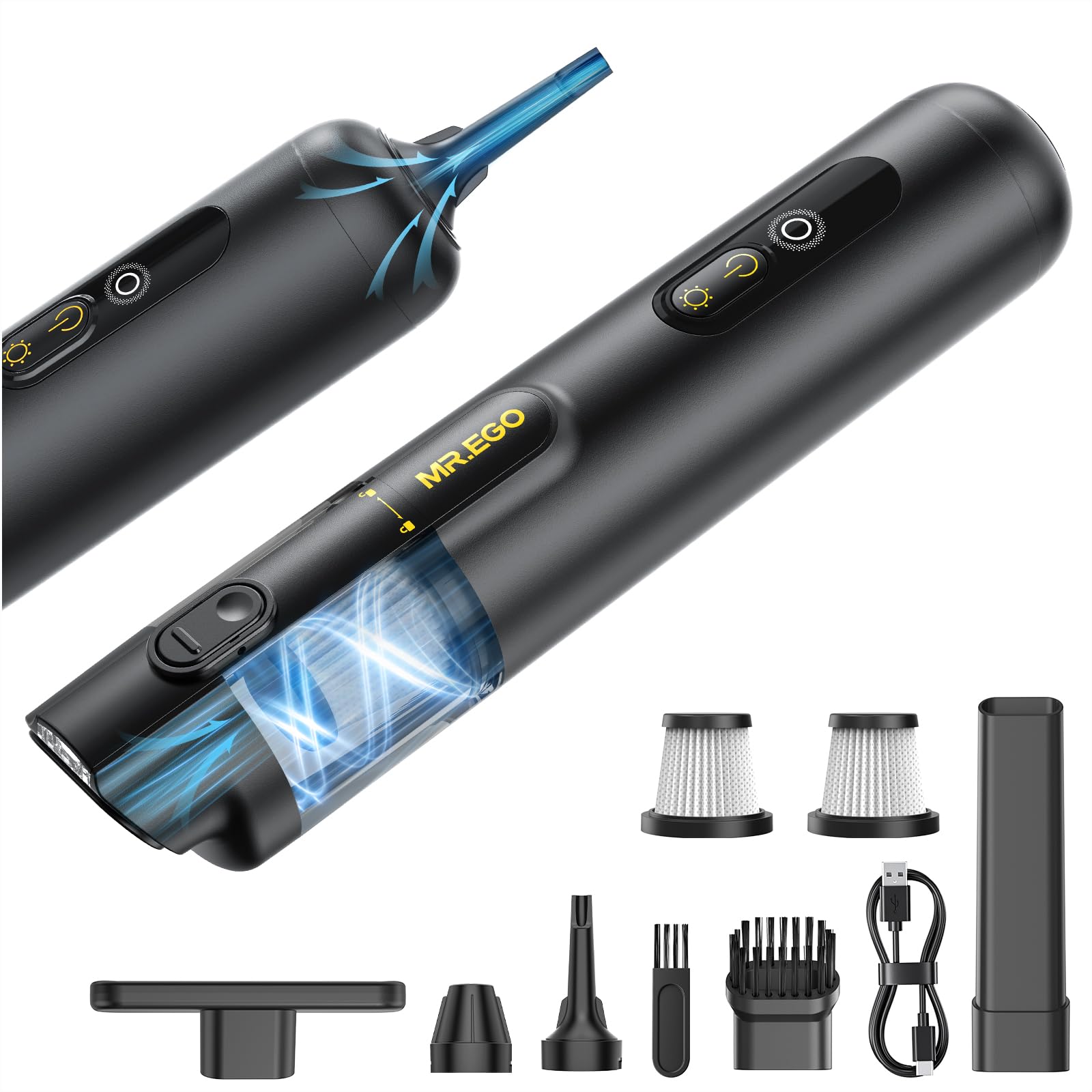 Photo 1 of Mr.ego Handheld Car Vacuum Portable Cordless, 4-in-1 Mini Vacuum with 18500Pa Strong Suction, Desk Vacuum Cleaner and Air Duster with Green LED Light for Small Jobs, Car, Home, Keyboards (Black)