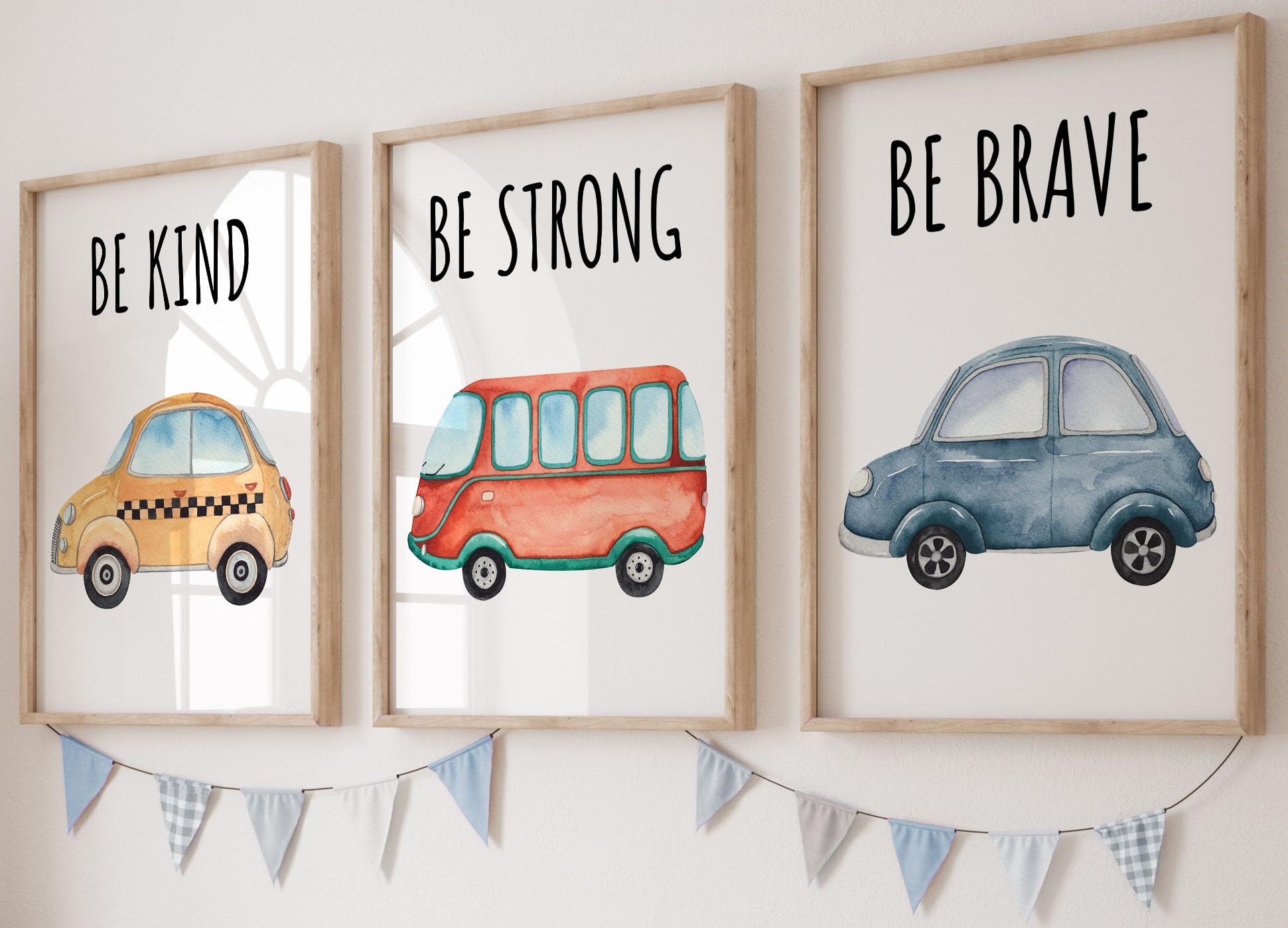 Transport Vehicles Set of 3 Unframed Poster Prints for Boy Girl Nursery Bedroom Playroom, Watercolour Design, Wall Art Transport Decor, Yellow Taxi Red Bus Blue Car with Quotes (A4)