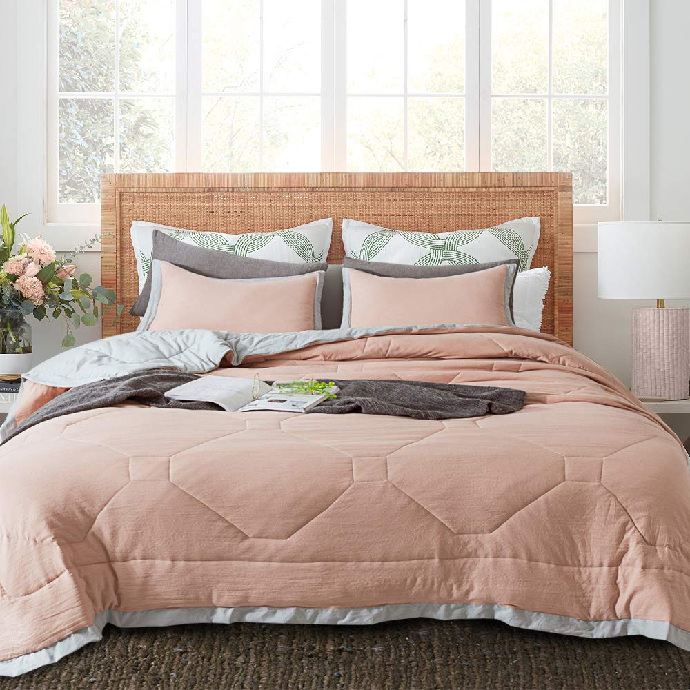 ONESHINE Quilted Comforter Set with Stylish Grey Edge - All-Season Microfiber Bedspread & Coverlet, Soft Warm Bedding with Shams - Simple Design （King + 2 Shams, Peach Rose）