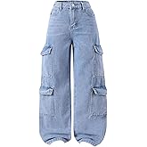 Floerns Girl's Elastic Waist Jean Cargo Pants Baggy Wide Leg Flap Pocket Denim Pants