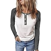 KINLONSAIR Women Raglan Long Sleeve Crew Neck Tunic Regular Fit T-Shirts Color Block Fall Button Down Henley Shirts Black