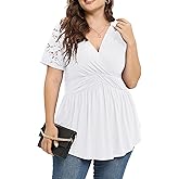TIANZHU Women Plus Size Top Short Sleeve Wrap Lace Dressy Shirt Sexy Low Cut Babydoll Blouses