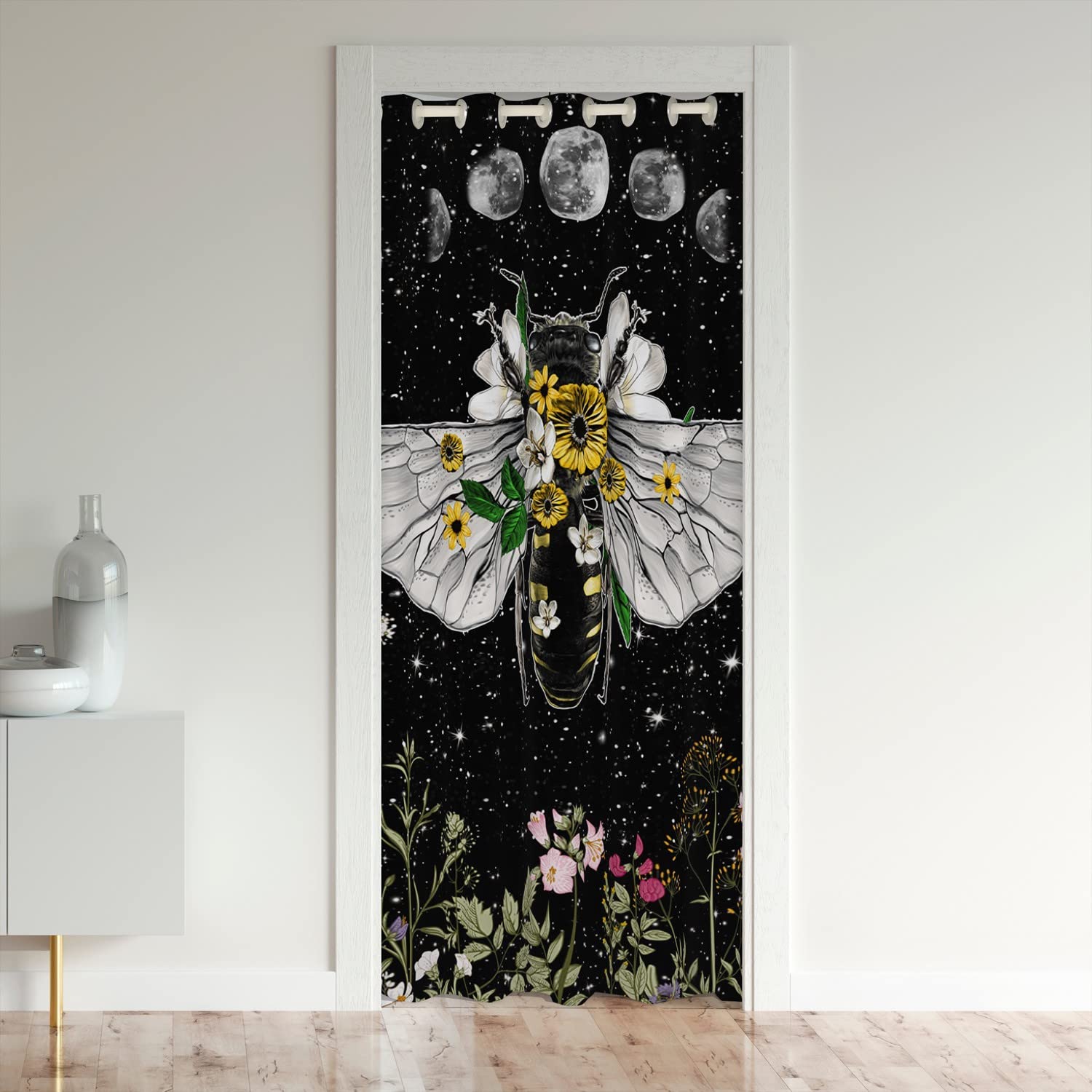 Loussiesd Sun Moon Death Moth Skull Decor Sunflowers Botanical Blossom Black Yellow 30%-50% Room Darkening Blackout Curtain, 106x203cm, 1 Panel, Velvet/Polyester Blend, Kitchen, Bedroom, Living Room