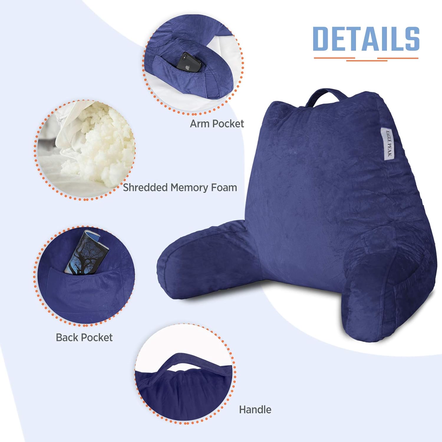 EAGLE PEAK Medium Shredded Memory Foam Reading Pillow, Bed Rest Pillow with Arms and Pockets, Removable Cover, Back Support Cushion for Adults, Teens While Reading, Watching TV, Relaxing (Navy Blue): Home & Kitchen