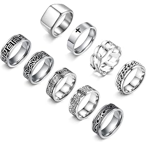 Giovanchi 9 Pcs Silver Rings for Men Stainless Steel Rings Vintage Square Signet Chunky Band Ring Wedding Engagement Rings Si