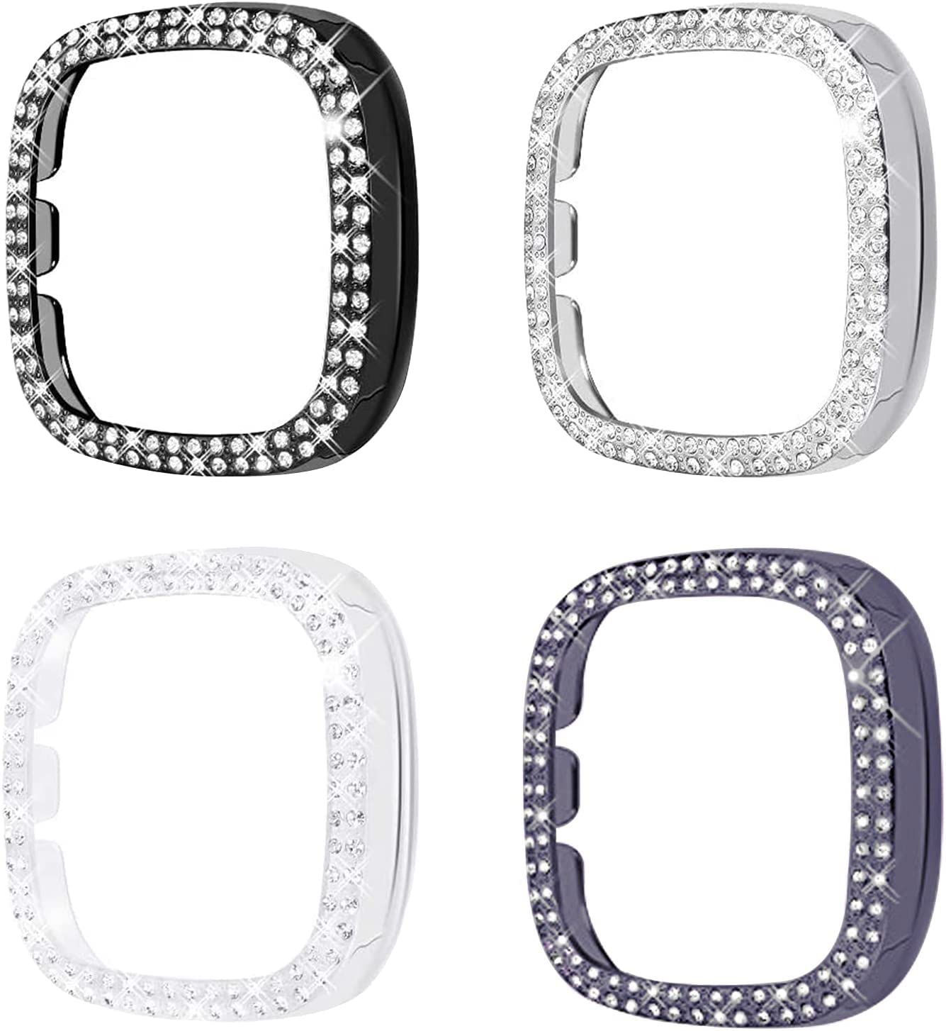 Photo 1 of [Double Diamonds] SINGEAR Bling Protector Case Compatible for Fitbit Versa 3/ Sense, Shiny Crystal Rhinestone Bumper Frame for Women Smart Watch (4 Pack, Clear+Black+Silver+Gun Black)