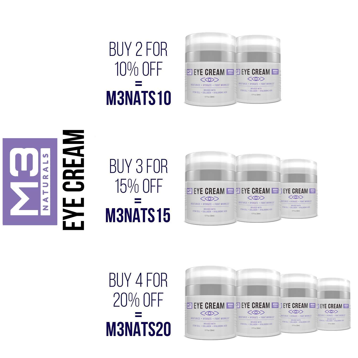 M3 Naturals Eye Cream Infused with Collagen Stem Cell and Hyaluronic Acid for Puffiness, Wrinkles, Dark Circles Under Eye, Bags, Fine Lines - Helps Anti-Aging, Healthy Skin Care Moisturizer 1.7 fl: Beauty