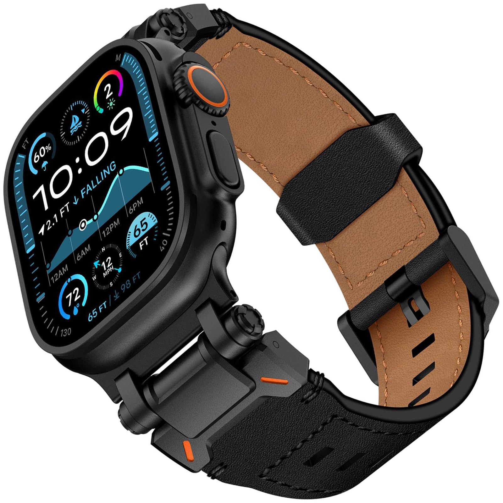 WINGLE Leather Bands for Apple Watch Band Ultra 3/2/1 Band Ultra 49mm Series 11 10 46mm 45mm 44mm 42mm SE 3/2/1 9 8 7 6 5 4 3 2 1 Men, Genuine Leather Rugged Metal Connector iWatch Sport Bands, Black