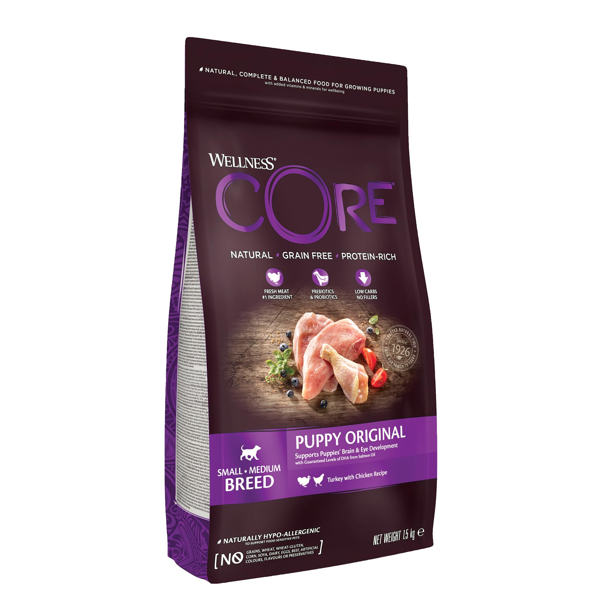 Wellness CORE Puppy 1.5 kg, Chicken & Turkey – Dry Dog Food for Small & Medium Breed Puppies, Grain-Free, Natural, Hypoallergenic, Protein-Rich, High Meat Content, Supports Brain & Eye Development