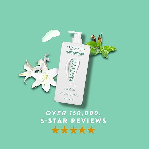 NATIVE MOISTURIZING BODY WASH CONTAINS NATURALLY DERIVED INGREDIENTS | FOR WOMEN & MEN, SULFATE, PARABEN, & DYE FREE LEAVING SKIN SOFT AND HYDRATED | LILY MILK & WHITE SAGE 18 OZ