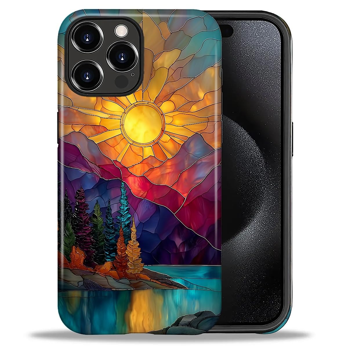 DAIZAG Case for iPhone 16 Pro,Mountain Range Sunrise Stained Glass Full-Body Design Hybrid Dual Protection Soft TPU Hard PC Shockproof Scratch-Resistant Protective Cover Phone Case for Men Women