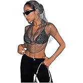 SweatyRocks Women's Sexy Halter Going Out Top for Women Y2K Tops Sequin Rhinestone Mesh Crop Hooded