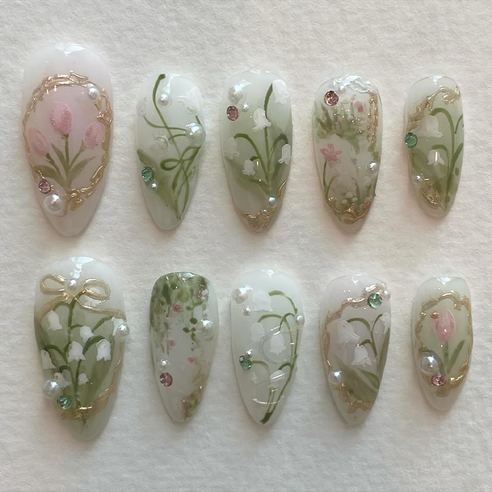 ROFIBUT Green Flower Press on Nails Medium Almond Fake Nails with 3D Pearl Rhinestones Designs Glossy Gold French Tips Bow False Acrylic Nails White Floral Full Cover Stick on Nails for Women 24Pcs