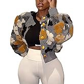Yimoon Womens Cropped Floral Print Jacket Puff Sleeve Fleece Bomber Jacket Button Down Fall Winter Warm Outerwear