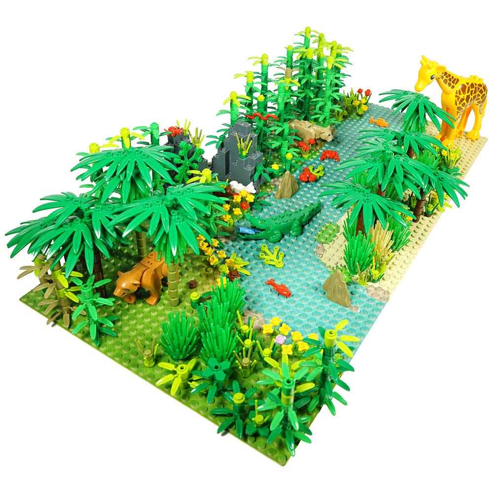 Building Block Education Toy - Rainforest Building Bricks DIY Kit - Set of Animals & Plants Accessories Include Tree Flowers Rocks - Baseplates for Jungle Scene - Compatible with Major Brands