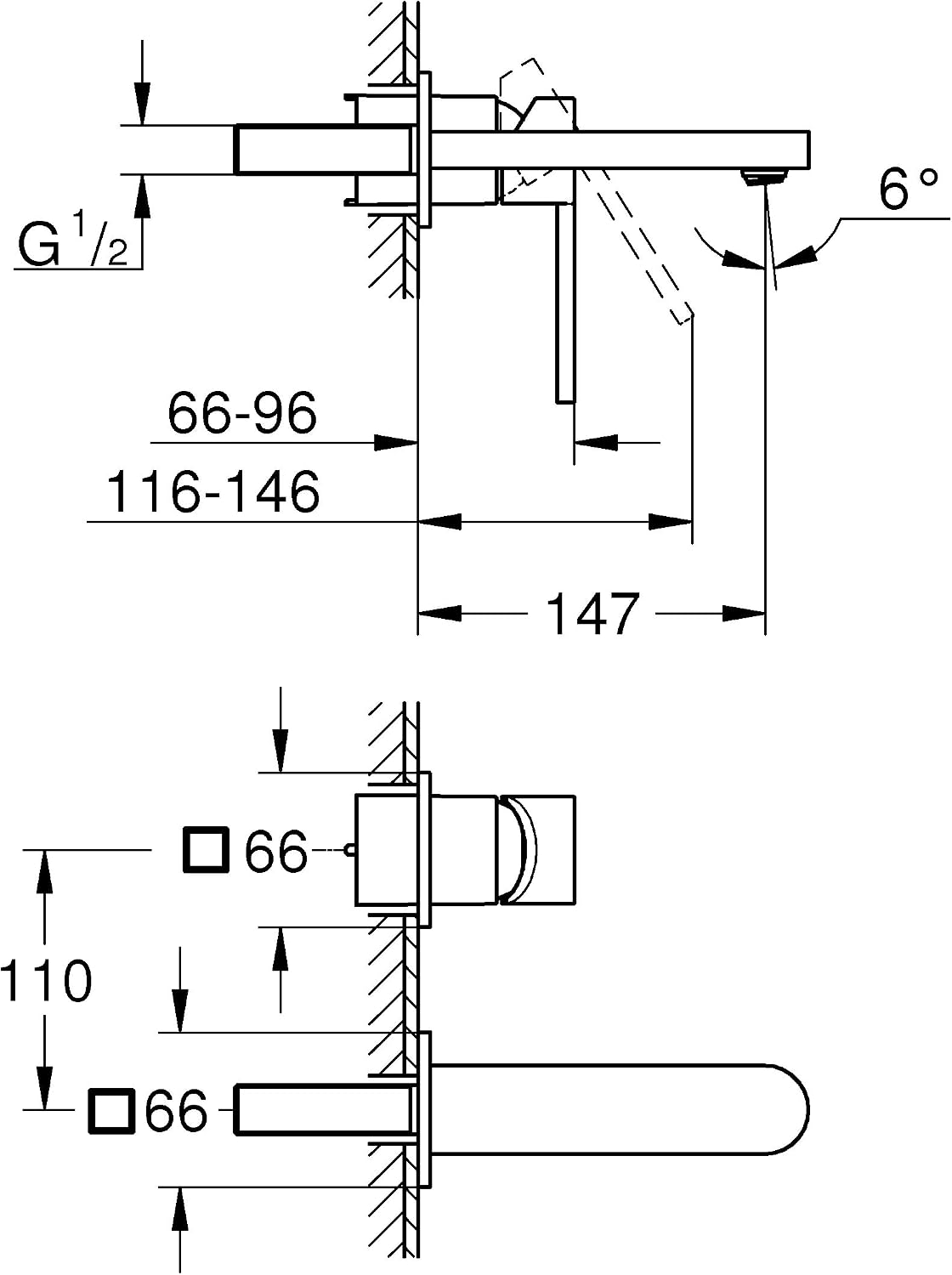 GROHE Plus 2-Hole Basin Mixer, Wall-Mounted, M-Size Water-Saving Tap in Chrome Finish 29303003, Projection: 147 Mm, 2-Loch Batterie - Image 3