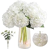 Tifuly 4pcs Fake Hydrangea with Vase -3D Real Touch Faux Hydrangea Flowers and 3pcs Eucalyptus Stems for Wedding Centerpiece Home Party Table Decoration(White)