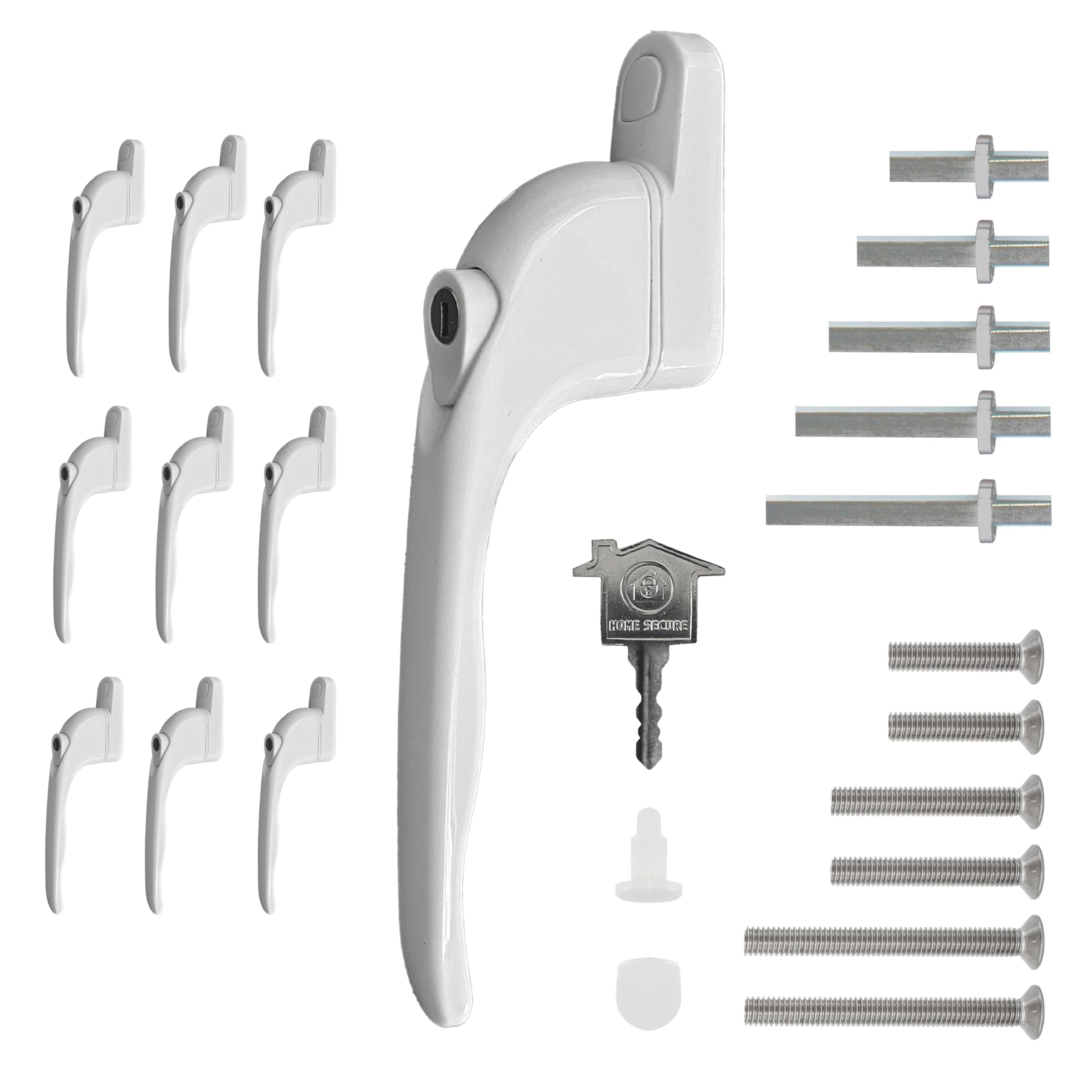 Home Secure™ Universal UPVC Window Handles 10 Pack – Inline Espag, Lockable, Multi-Spindle Replacement Handles for Double Glazing Windows – White