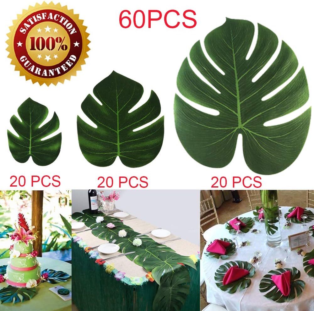 60Pcs Artificial Palm Leaves Tropical Faux Monstera Leaves Safari Hawaiian Luau Jungle Beach Theme BBQ Birthday Party Leaves Table Decorations (20 Small+20 Medium+20 Large)