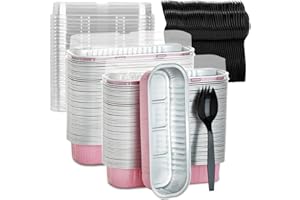 MOACOCK 100 Pack Aluminum Mini Loaf Pans, Aluminum Foil Pans with Lid, 6.8oz Disposable Rectangle Baking Containers Muffin Baking Tins Mini Cake Pans, Pans/Lids/Spoons(Pink)