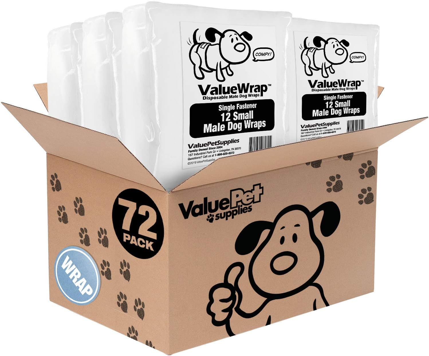 Male Wraps, Disposable Dog Diapers, 1-Tab Small, 72 Count - Snag-Free Fastener, Leak Protection, Wetness Indicator