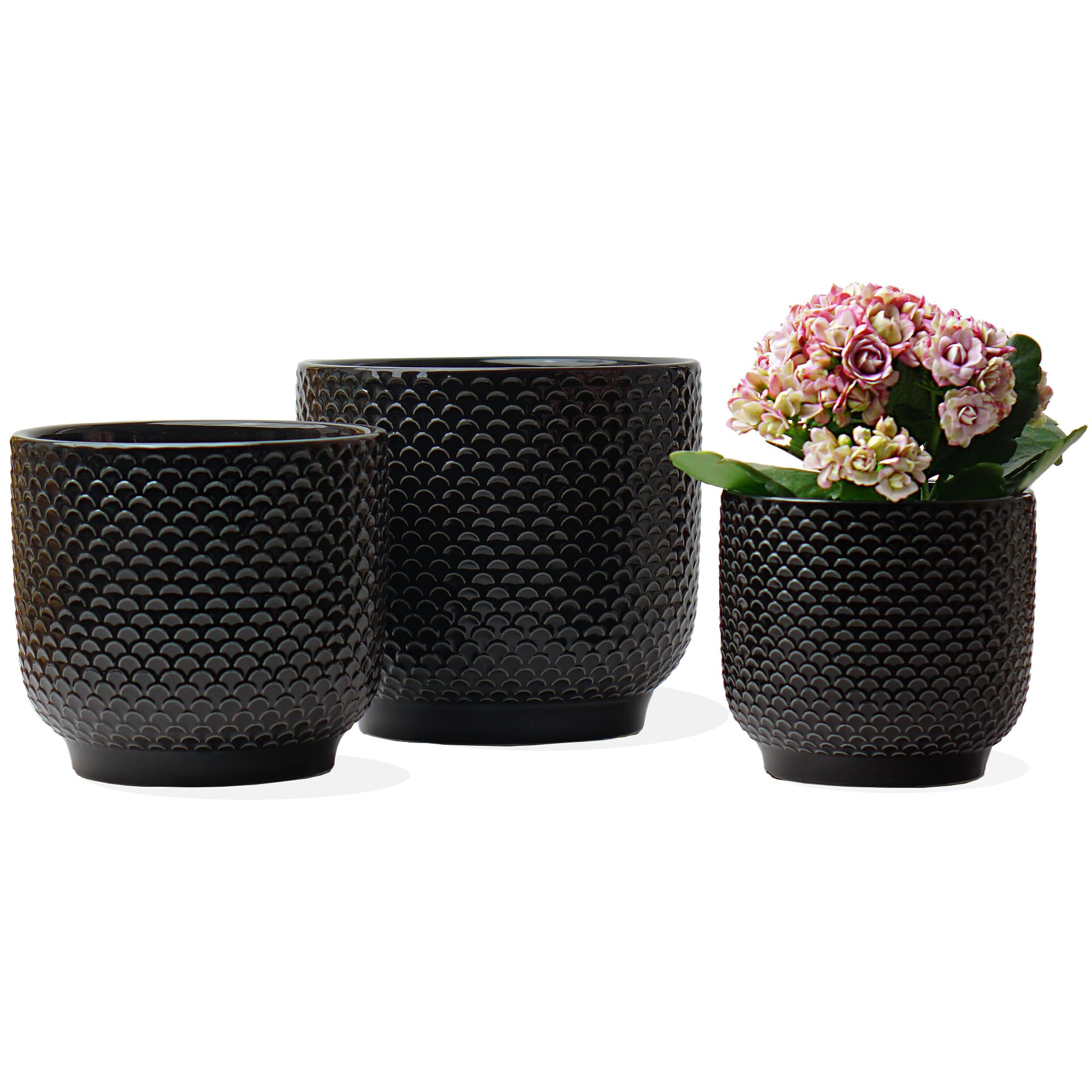 Photo 1 of ***MISSING PARTS*** Homephyte 4 + 5 + 6 Inch Ceramic Pots for Indoor Plants, Succulents Plant Pots, Orchid Flower Pot with Drainage Hole, Modern Clay Stoneware Planters, Set of 3 (Black, 4+5+6 Inch)