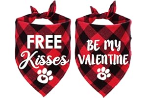 STMK 2 Pack Valentine's Day Dog Bandanas, Free Kisses Be My Valentine Plaid Dog Puppy Bandana for Dog Puppy Valentine's Day Wedding Holiday Party Decorations (Red, Free Kisses & Be My Valentine)