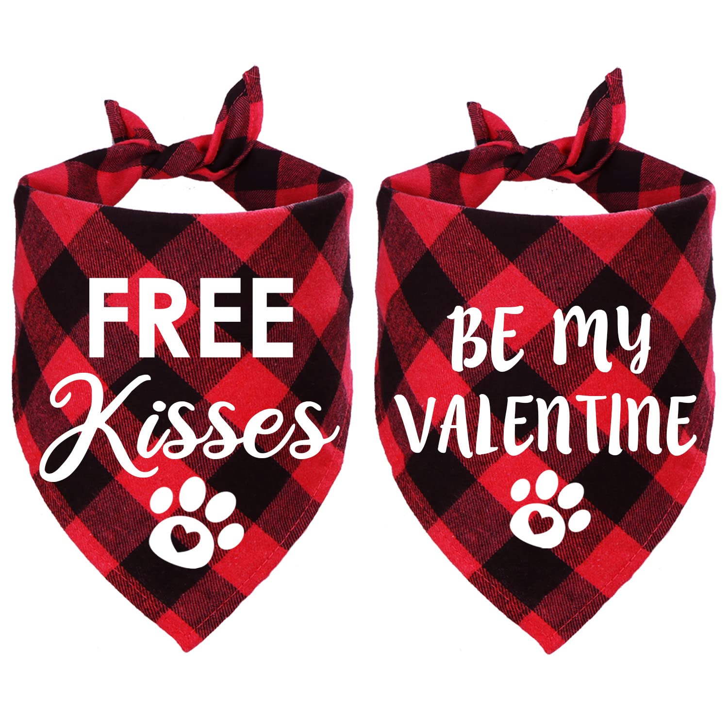 STMK 2 Pack Red Valentine's Dog Bandanas, Free Kisses & Be My Valentine Plaid Dog Puppy Bandana for Dogs (Small, Cotton, Red, Plaid)