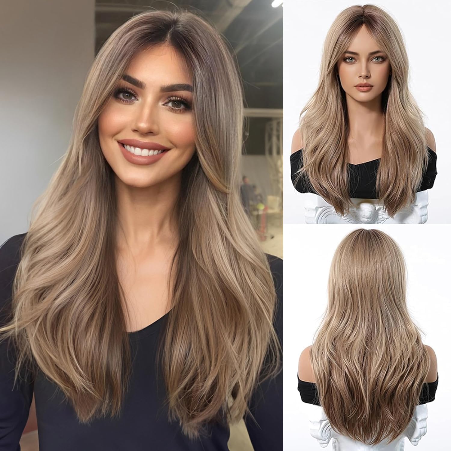 Esmee Long Straight Ash Blonde Wig for Women with Curtain Bangs Natural Synthetic Hair Wigs for Daily Party Use — image 1