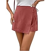 Floerns Women's Solid Wrap Front Linen Skirt Shorts Drawstring Knot Side Skort Shorts