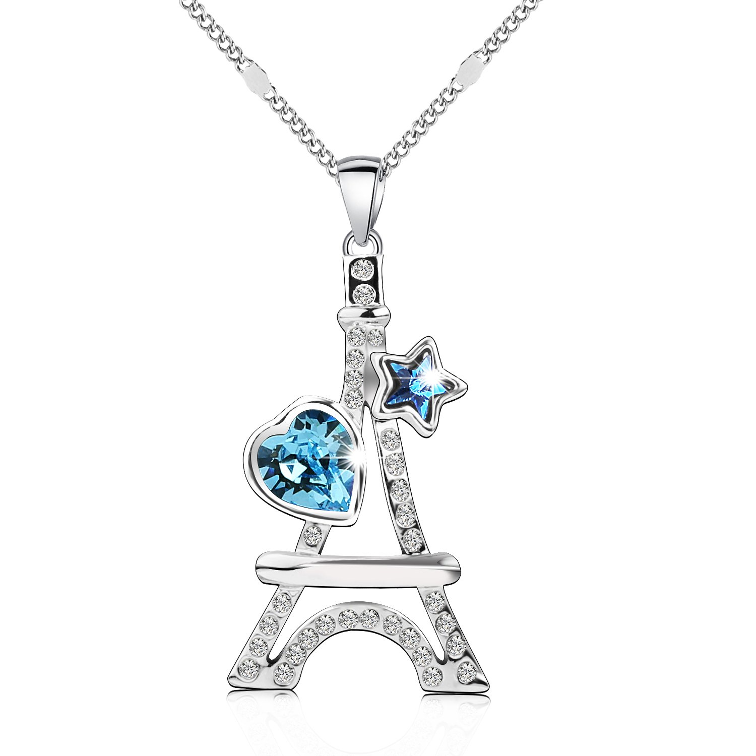 Pealrich “ Eiffel Tower” Style Fashion Jewelry Pendant Love Necklace with Swarovski Crystal,Best Gifts for Women and Girls (Blue)