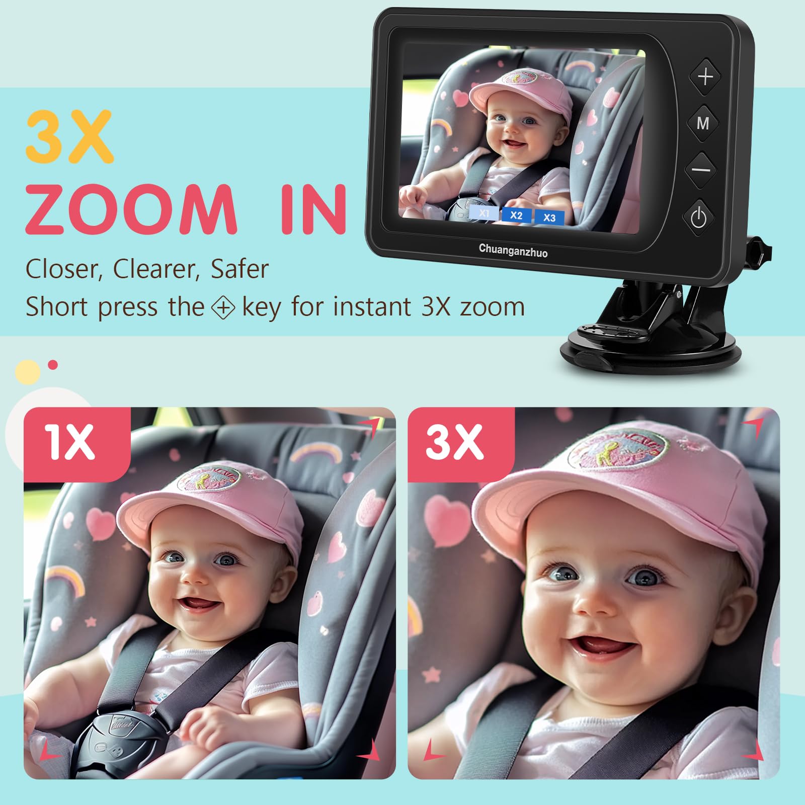 S100P Baby Car Camera with Ultra Night Vision, 5'' HD 1080P IPS Baby Car Monitor with 3X Zoom, Backseat/Carseat/Rear Seat Camera USB, Easy No-Damage Install, Safety for Infants and Pets (5inch Black)