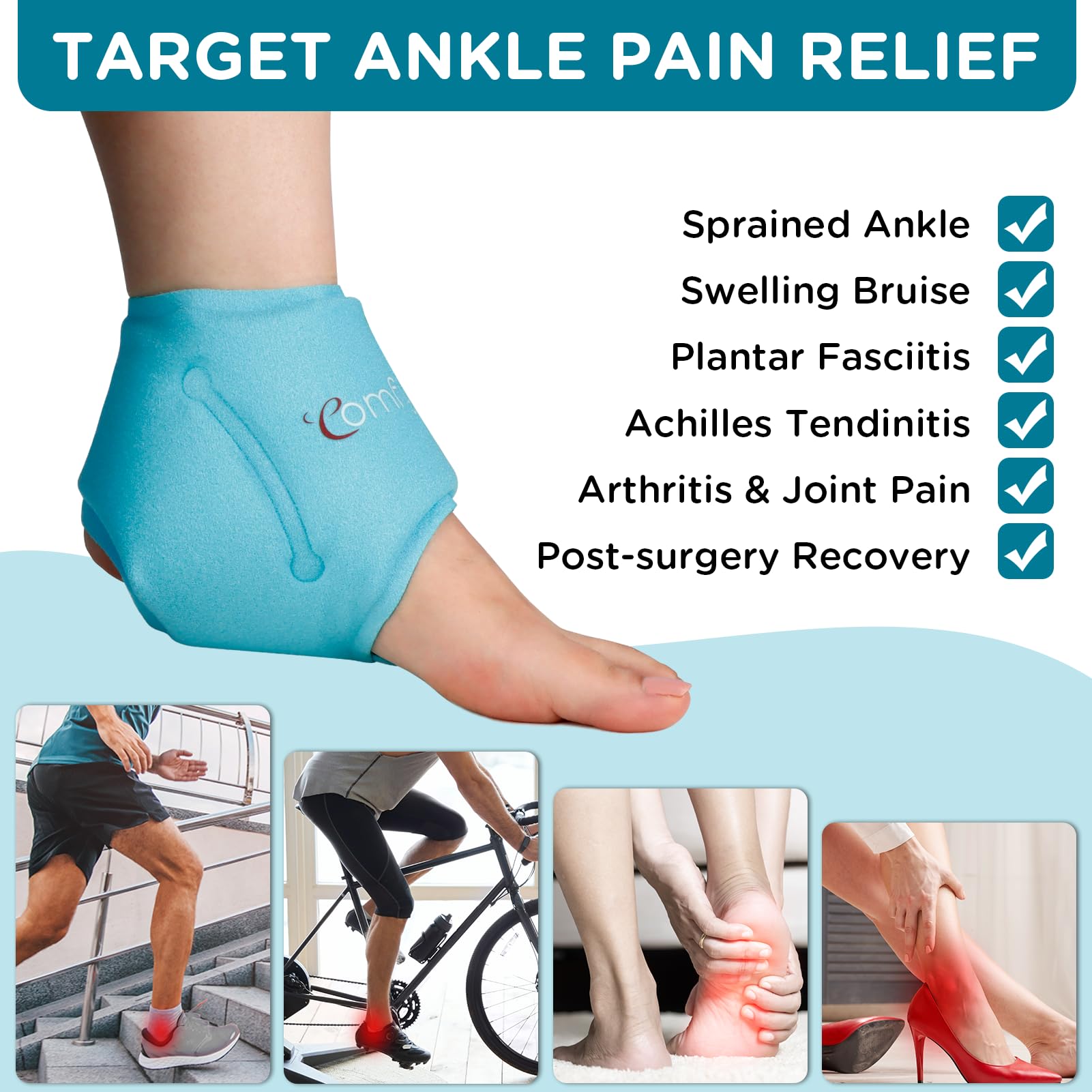 Comfytemp Ankle Ice Pack Wrap for Swelling, Plantar Fasciitis, Foot Pain Relief, FSA Eligible, Gel Packs for Injuries Reusable, Hot Cold Compression for Achilles Tendonitis, Sprain Ankles, Gift, 2 Pcs