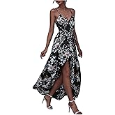 SOLY HUX Women's Floral Print Wrap V Neck Maxi Dress Spaghetti Strap Flowy Boho Dresses with Belt