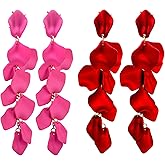 AGNURCADE 4Pcs Acrylic Long Rose Petal Dangle Earrings Set, Red Flower Earring Studs Drop Statement Layered Floral Leaf Tassel Earrings for Women Christmas Beach Party Birthday