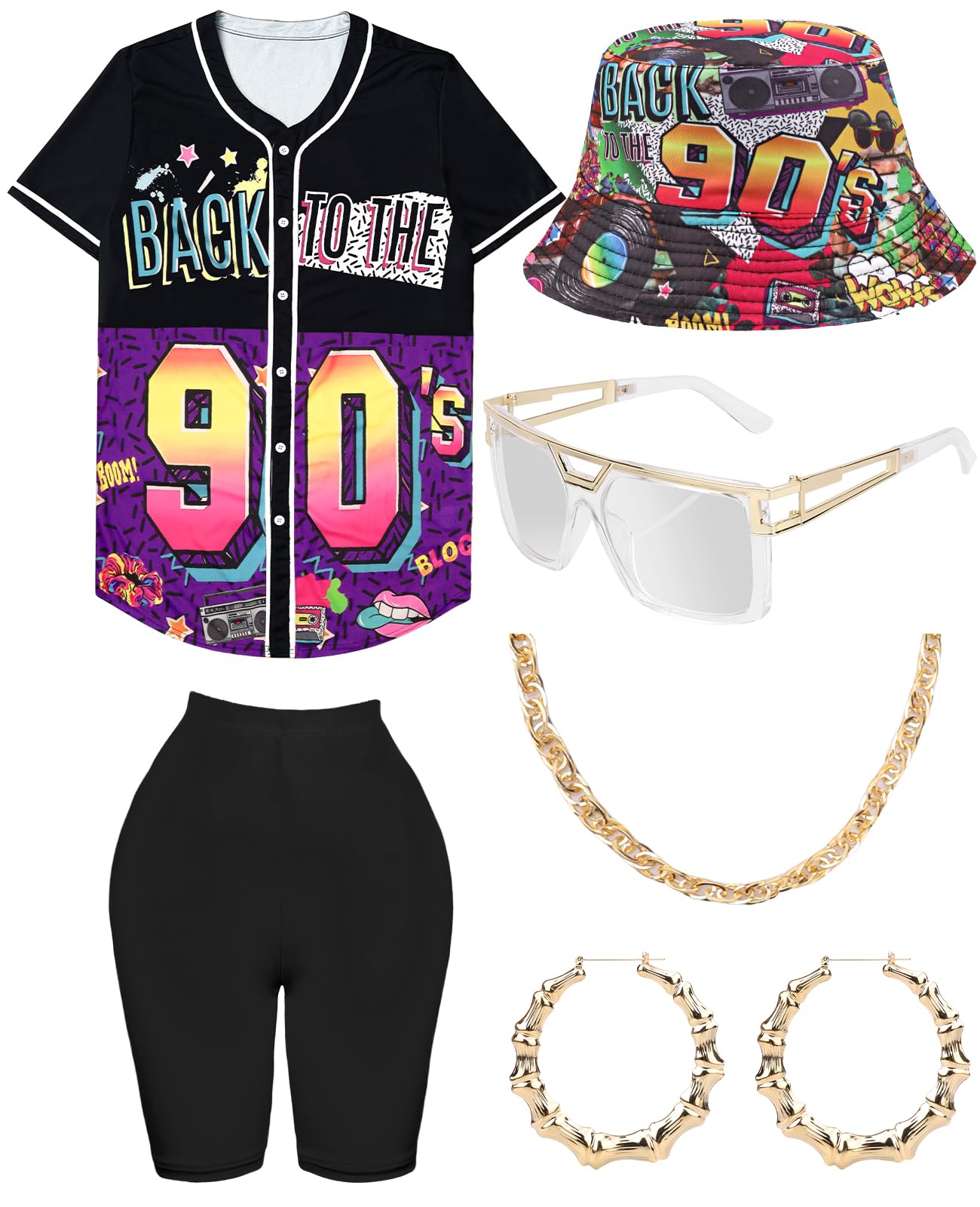 WILDPARTY 80s 90s Hip Hop Costume Outfit for Women Baseball Jersey Shirt Yoga Pants Bucket Hat Gold Chain Rapper Accessories 1990s 1980s Neon Clothes Retro Party Pattern-C XL — image 1