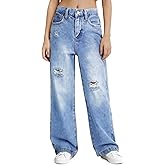PATPAT Girls Wide Leg Jeans Size 4-14 Years Elastic Waist Ultra Stretch Baggy Jeans with Pockets