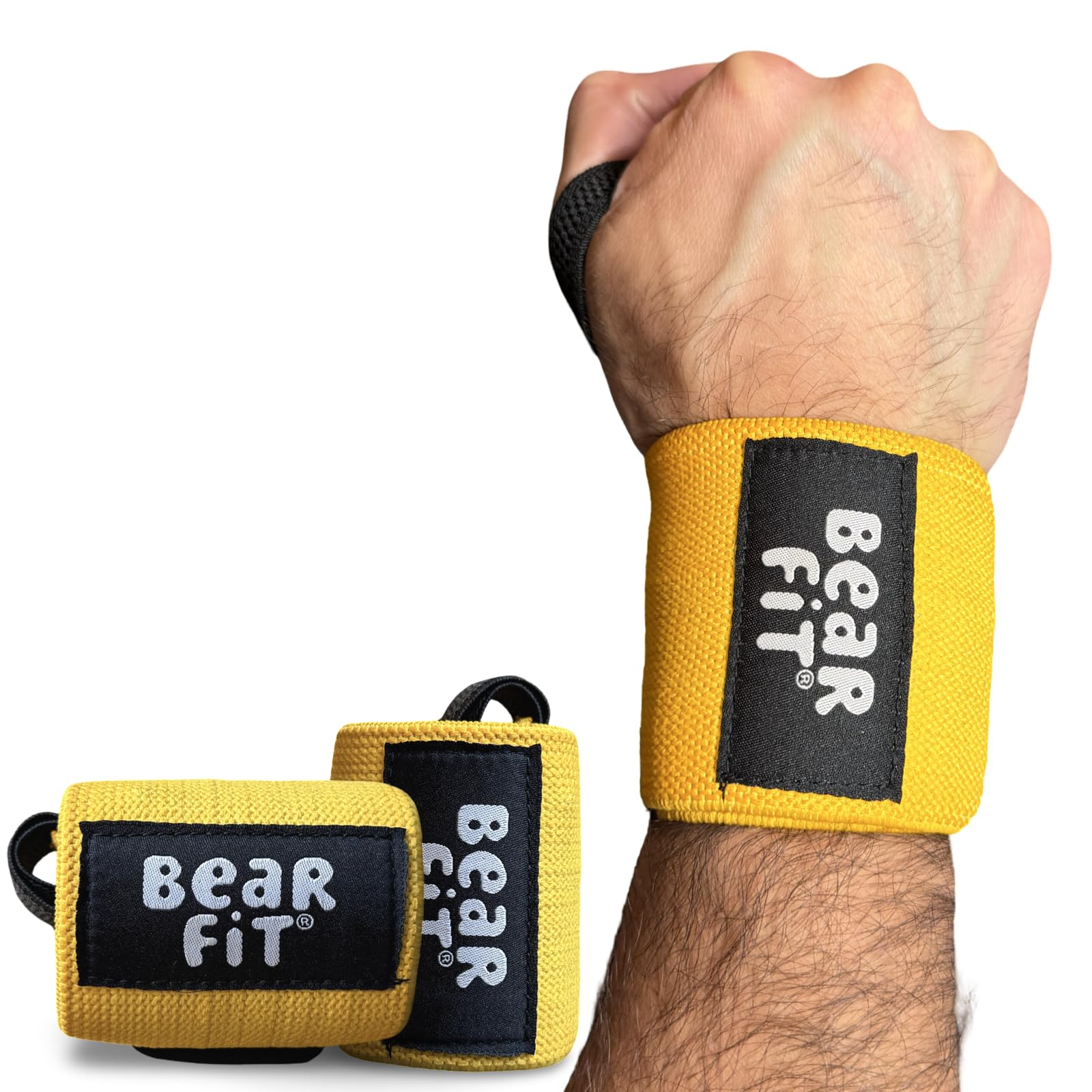 Bear Fit Weightlifting Wrist Wraps for Gym, Powerlifting & Strength Training – Heavy Duty Wrist Support Straps for Bench Press, Deadlifts & Bodybuilding – One Size, Unisex (Yellow)