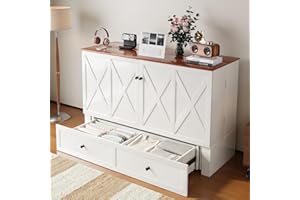 BALUS Full Size Cabinet Bed with Tri-Folding Mattress, 57’W Murphy Bed with USB Charging Station & 2 Storage Drawers, Full Murphy Cabinet Beds for Living Rooom, Apartment, Home Office, Bedroom-White