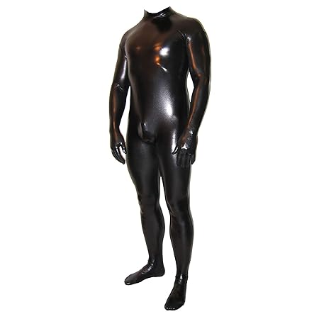 Rubberfashion Wetlook Catsuit, glänzender Wetlooksuit mit langen angearbeiteten Handschuhen und Schrittreißverschluss für Fra