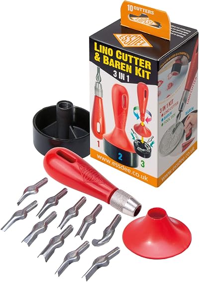 ESSDEE 3 in 1 Lino Cutter & Baren Kit - 10 Cutter Styles, Multicoloured