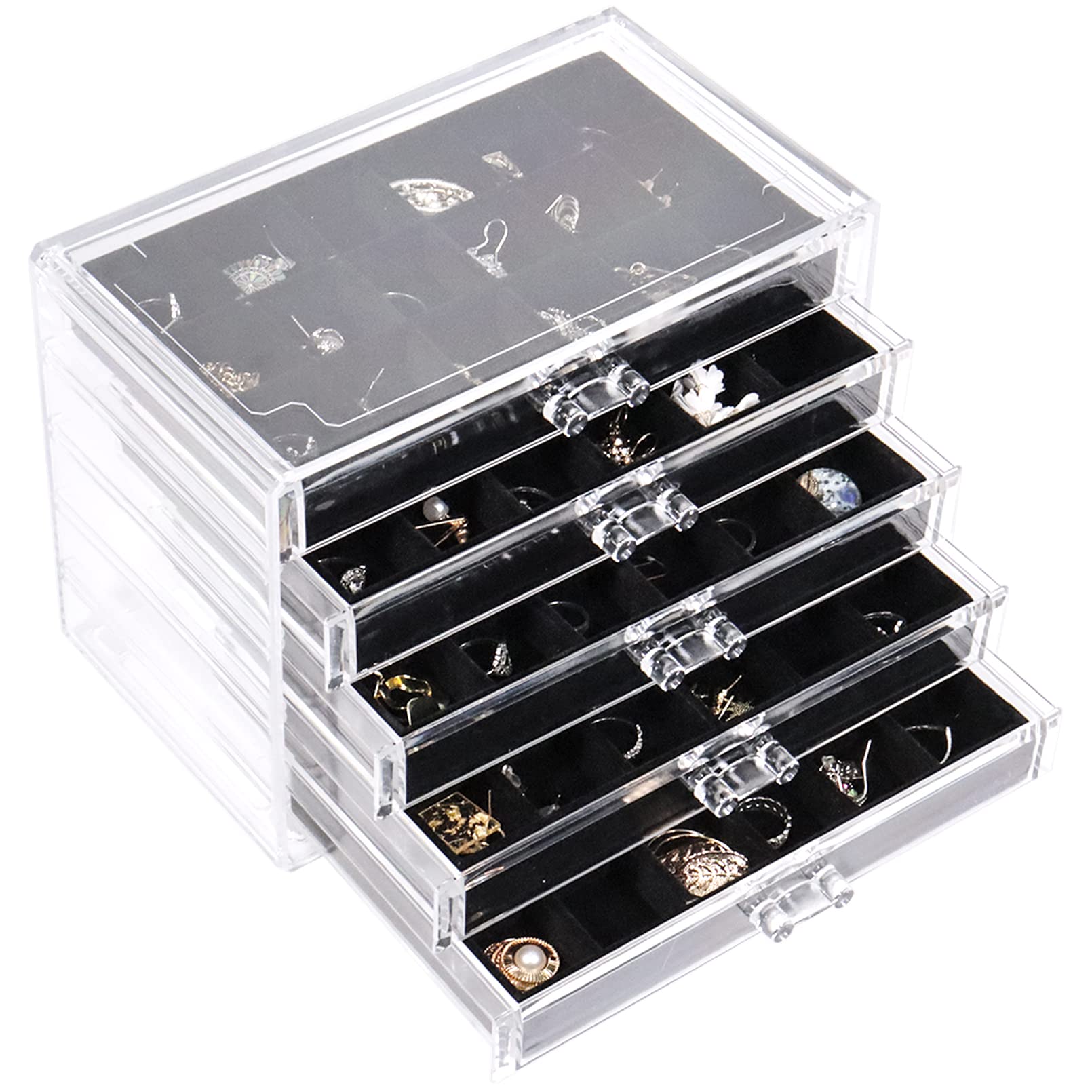 Nwvuop Acrylic Jewellery Box with 5 Drawers Adjustable Earring Storage Holder Clear Jewellery Storage Organiser for Rings Earrings Necklace Makeup Cosmetic Storage Box, Black