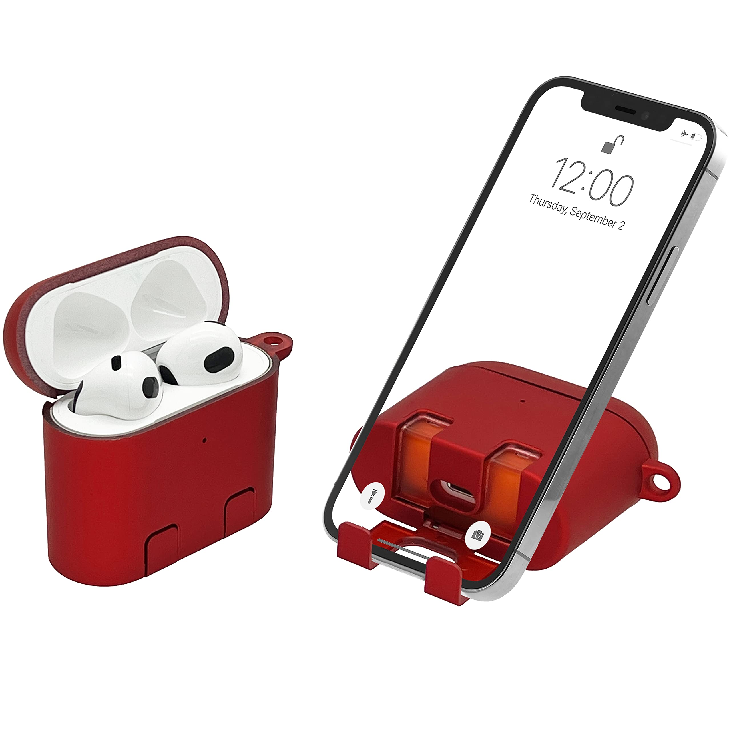 AirStand - AirPods 3 Case Cover with Invisible Phone Stand, Compatible with AirPods 3, Full Protection Shockproof Case with Keychain Carabiner, Wireless Charging Supported, Patented Design (Ruby)